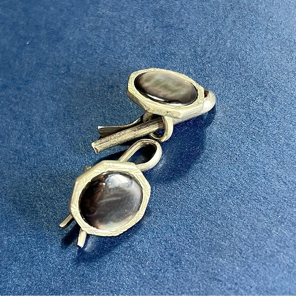 Vintage Abalone Mother of Pearl Cufflinks Silver Sliding Pin Studs Deco - Picture 3 of 6